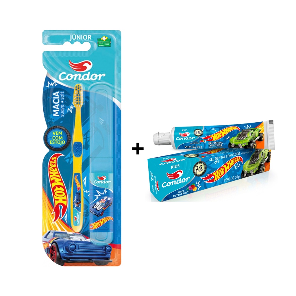 KIT 1 ESCOVA DENTAL CONDOR HOT WHEELS C/ESTOJO+1 GEL DENTAL em Oferta na Shopee