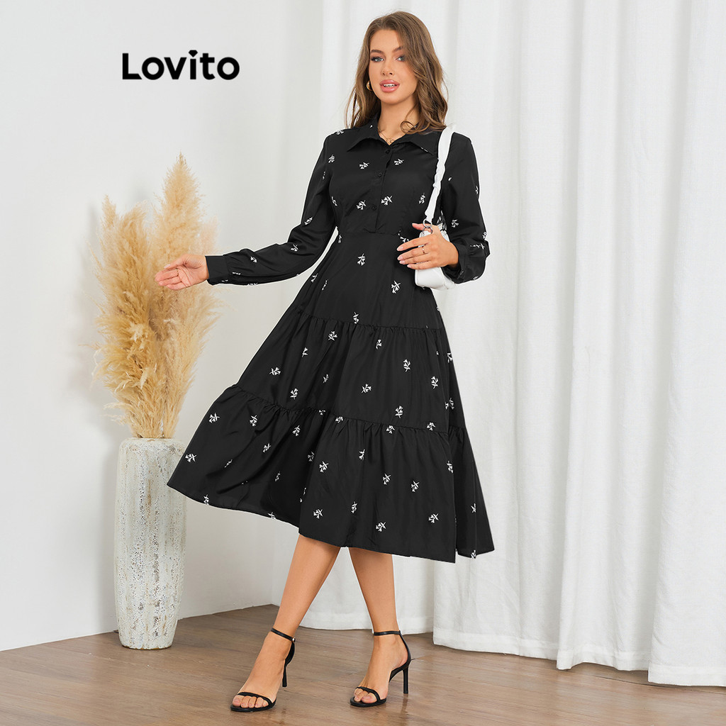 Lovito Vestido Casual Ditsy Floral Com Botão Frontal Em Camadas Para Mulheres LBL10245 - Women Clothes