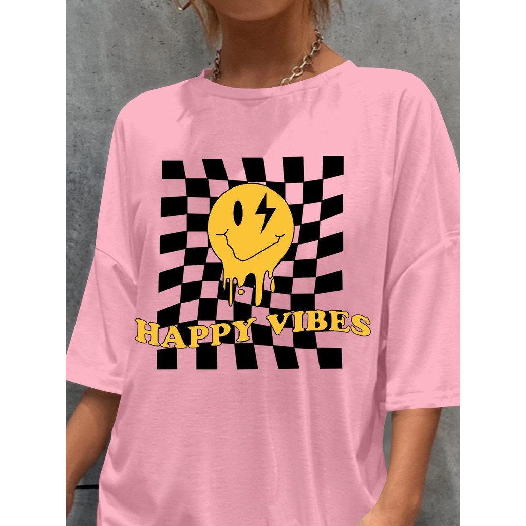 Blusa Oversized Quadriculado Emoji Sorriso Aesthetic Camiseta Plus Size Estampada Happy Vibes