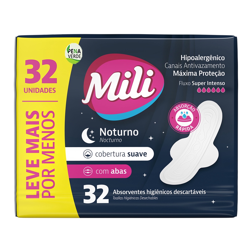 Absorvente Noturno Mili Cobertura Suave Com Abas Pacote com 32 Unidades / Extrato Aloe Vera / Hipoalérgico