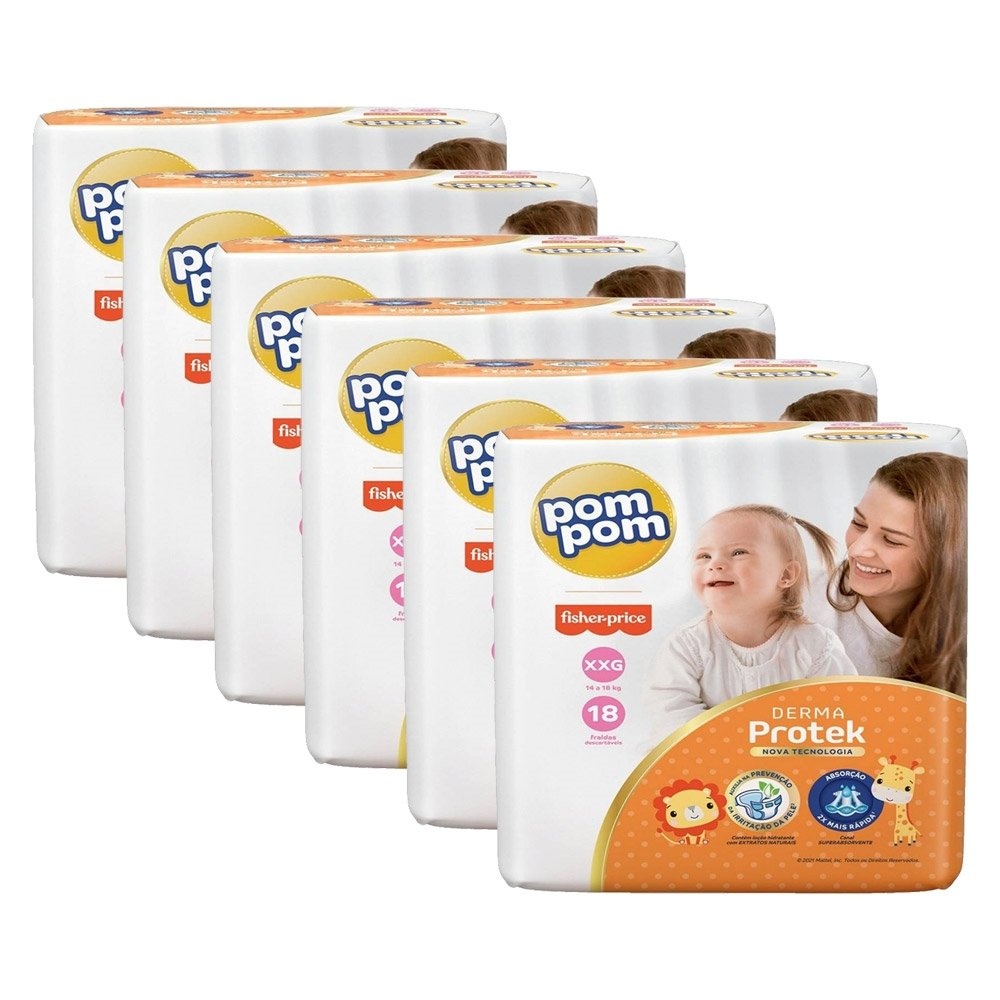 Fralda Descartável Pom Pom Derma Protek Jumbo Tamanho XXG - 6 Pacotes com 18 Fraldas - Total 108 Tiras em Oferta na Shopee