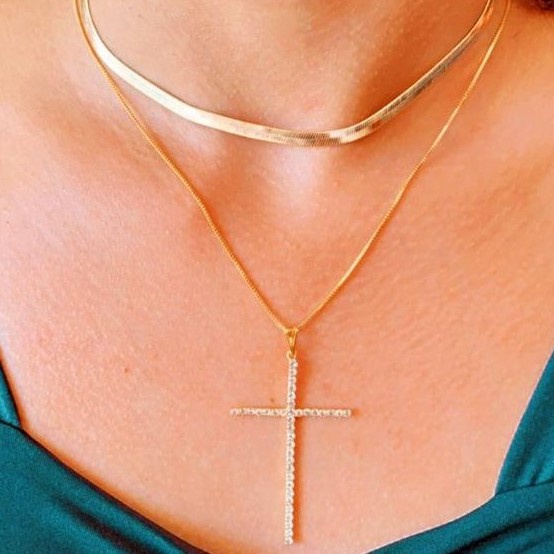 choker gargantilha fio liso laminado metalizado + colar feminino crucifixo strass cravejado ouro 18k Banhado / Ouro 18k 