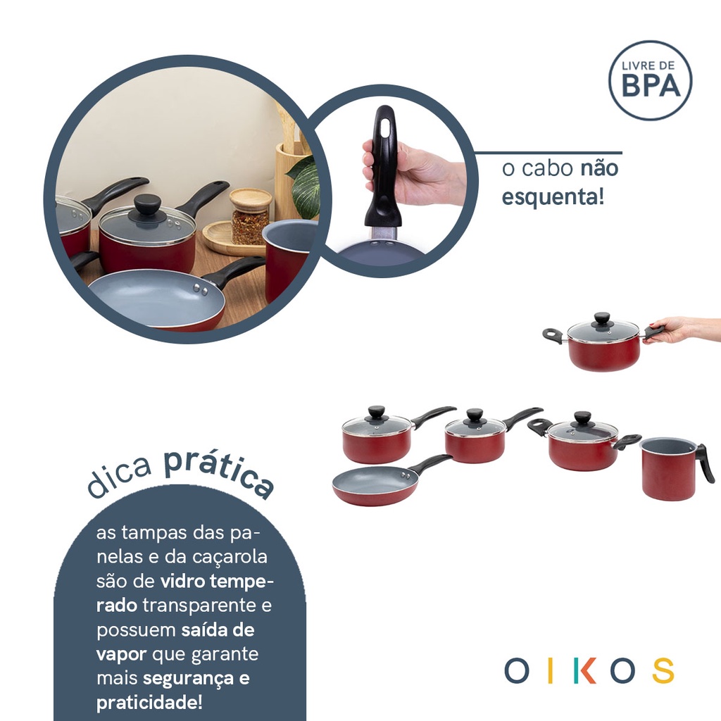 Detalhes do jogo de panelas antiaderente cerâmica 6 pçs vermelha - oikos