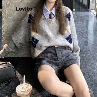 Lovito Casual Suéter Feminino Liso com Costura no Tecido LNE30287 (Cinza)