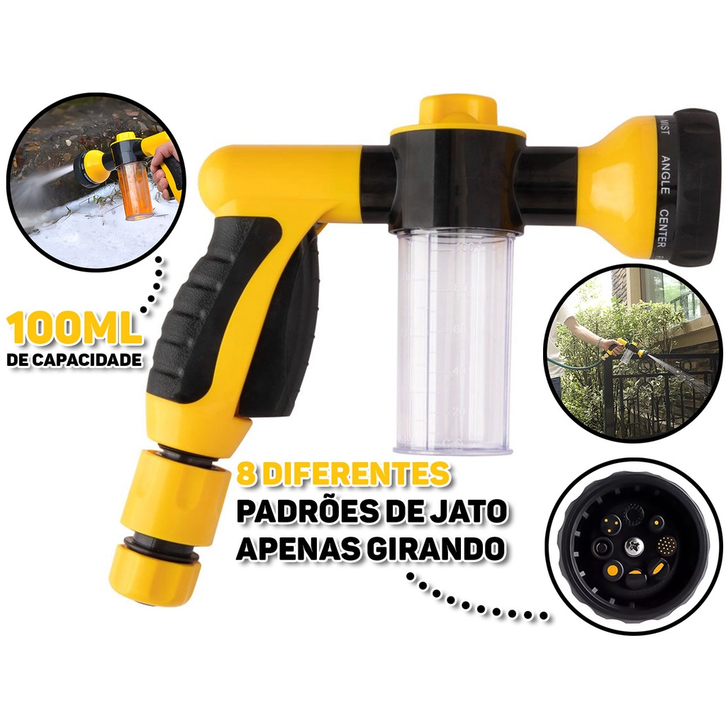 Esguicho Pistola Para Mangueira C/ Conector Limpeza 8 Jatos Reservatório Distribuidor Sabão 100ml - Home & Living