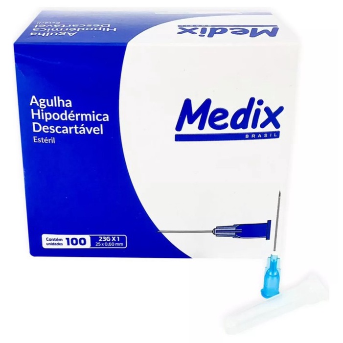 Caixa C/100 Agulhas Hipodérmica Descartável 25 x 0,60mm 23g (Azul) - Medix em Oferta na Shopee