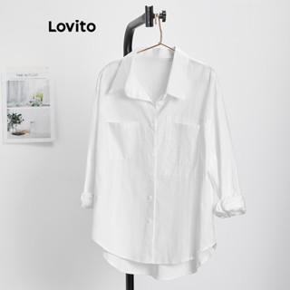 Lovito Blusa de Bainha Irregular com Bolsos Simples Casual para Mulheres LNE10001 (Branco)
