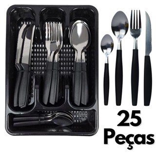 Jogo De Talheres 25 Peças Completo Conjunto Aço Inox + Organizadora Faqueiro