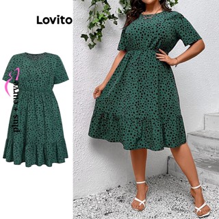 Lovito Vestido de Babados com Estampa de Poá para Mulheres Tamanho Grande LBL06044 (Verde Escuro)