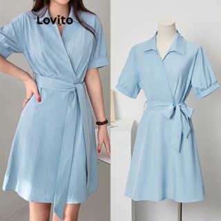 Lovito Vestido Casual com Amarração e Detalhes Lace Up para Mulheres L73AD073 (Azul)
