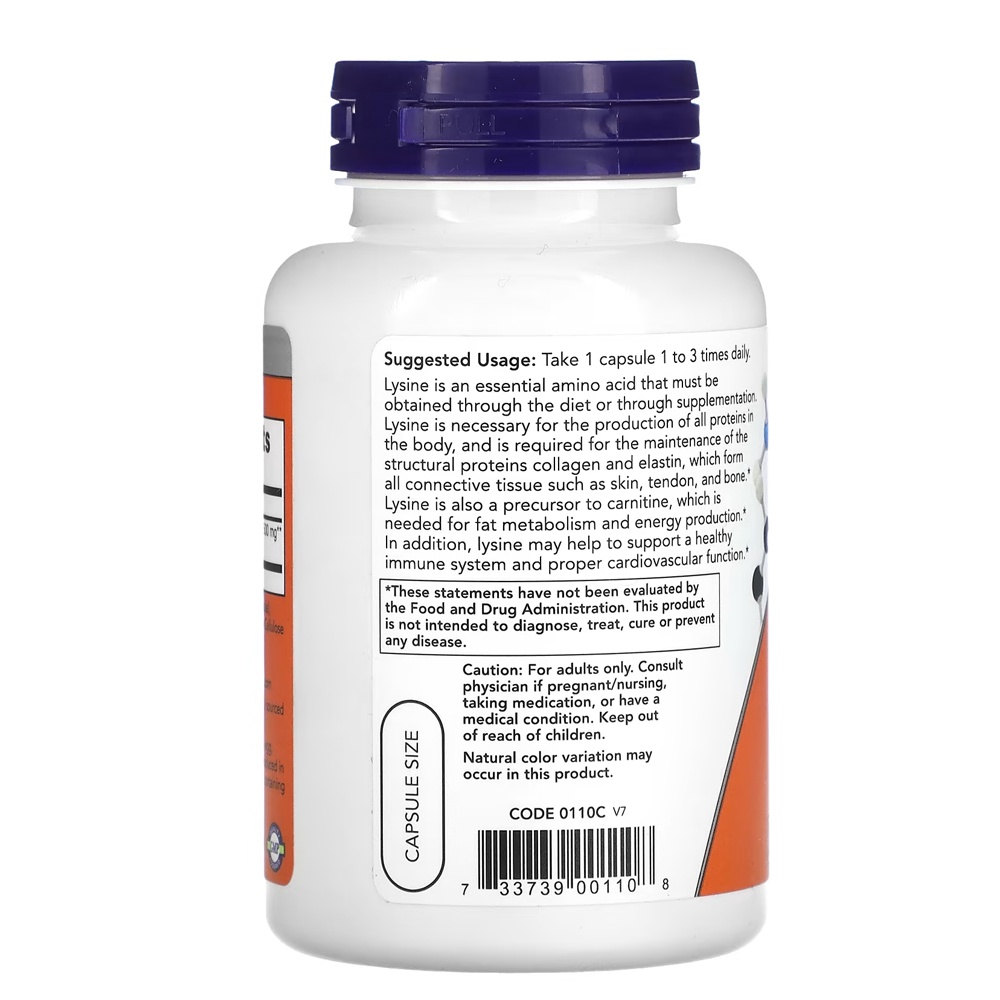 Detalhes do L-lisina 500mg Now Foods L-Lysine 100 Veg Caps Importado