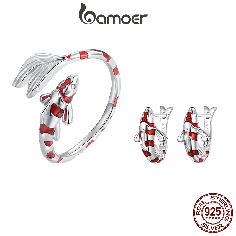 Bamoer Conjunto Anel e Brincos Prata 925 Koi Ajustável Presente​ em Oferta na Shopee