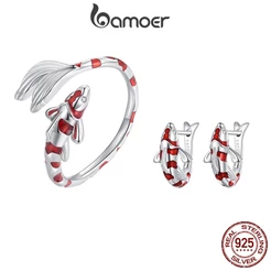 Bamoer Conjunto Anel e Brincos Prata 925 Koi Ajustável Presente​