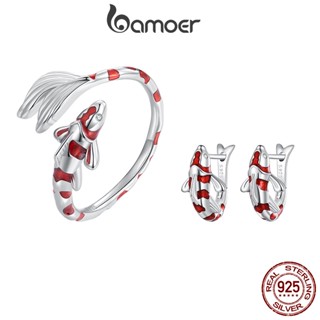 Bamoer Red Koi Lucky Ring & Earrings 925 Sterling Silver Tamanho Ajustável Peixe Anel Aberto Conjunto De Jóias De Moda Ano Novo Presentes Para Mulheres