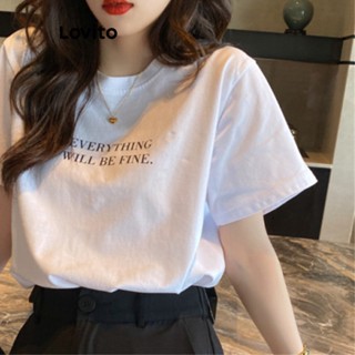 Lovito Camiseta Casual com Letras para Mulheres LNA21073 (Branco)