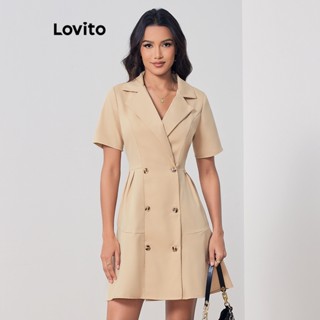 Lovito Vestido Elegante Liso Com Gola Entalhada De Botão Duplo Para Mulheres LBL07192