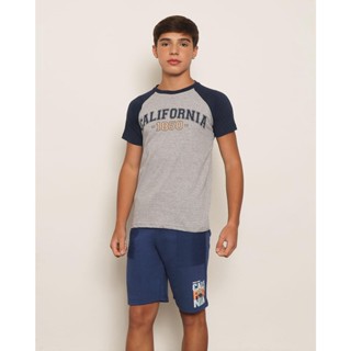 Camiseta Juvenil Estampa Califórnia Manga Raglan Cinza