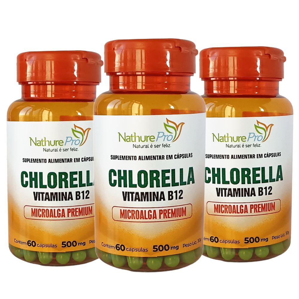 Kit 3 Suplemento Alimentar - Chlorella Vitamina B12 Microalga Premium 60 Cápsulas 500mg - Matéria prima importada!