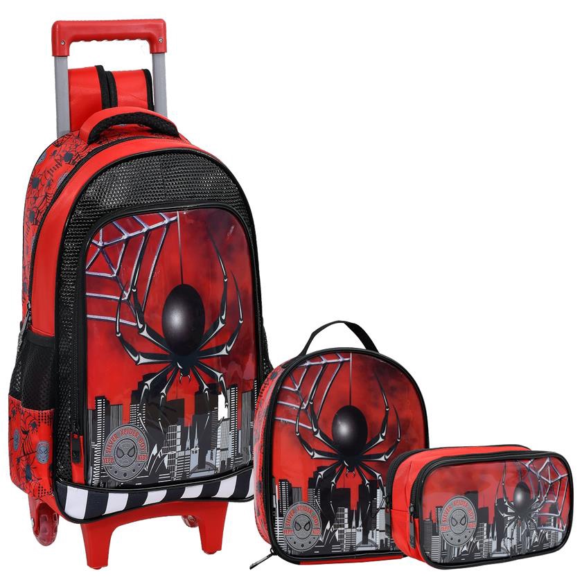 Kit Mochila Rodinha Estojo Lancheira Menino Spider Aranha Black Red