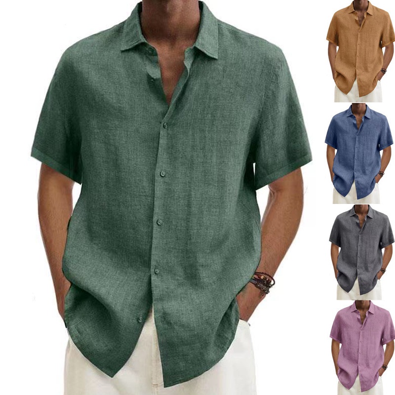 Plus Size Camisa Homens Linho Algodão Casual Manga Curta De Escritório Botão Sólida Retro Loose Men Beach Summer Tops em Oferta na Shopee