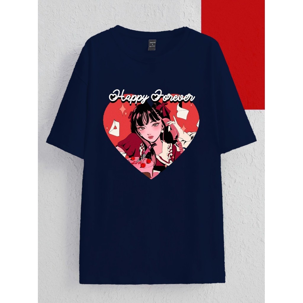 Blusa Oversized Camiseta Unissex Estampa Garotinha Bolo Amor T Shirt Bordada Azul Marinho Camisa