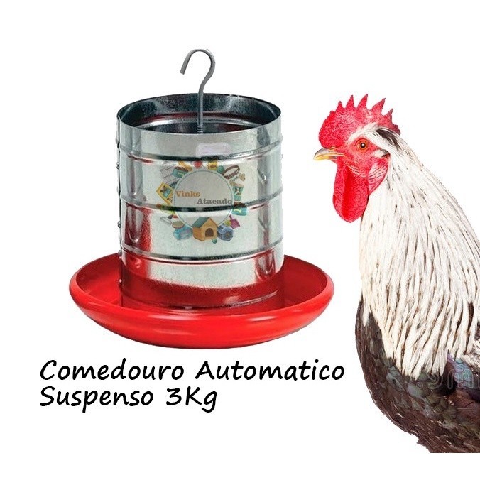 Comedouro Para Frango Automático Tubular 3Kg Para Galinha Marreco Pinto Aves Aço Galvanizado Com Base Plastico