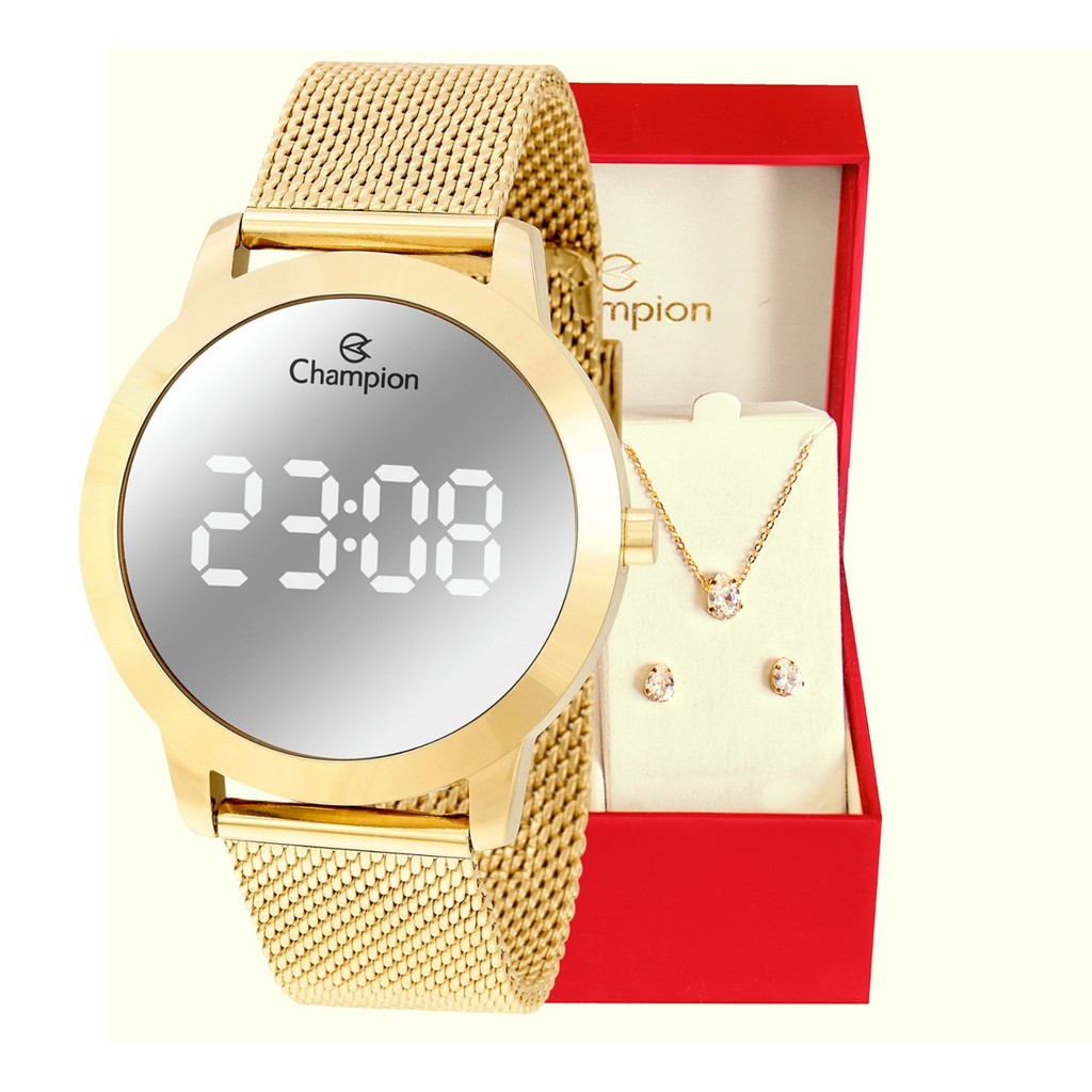 Relógio Feminino Champion Digital Espelhado Pulseira Mesh CH40106B Colar e brincos em Oferta na Shopee