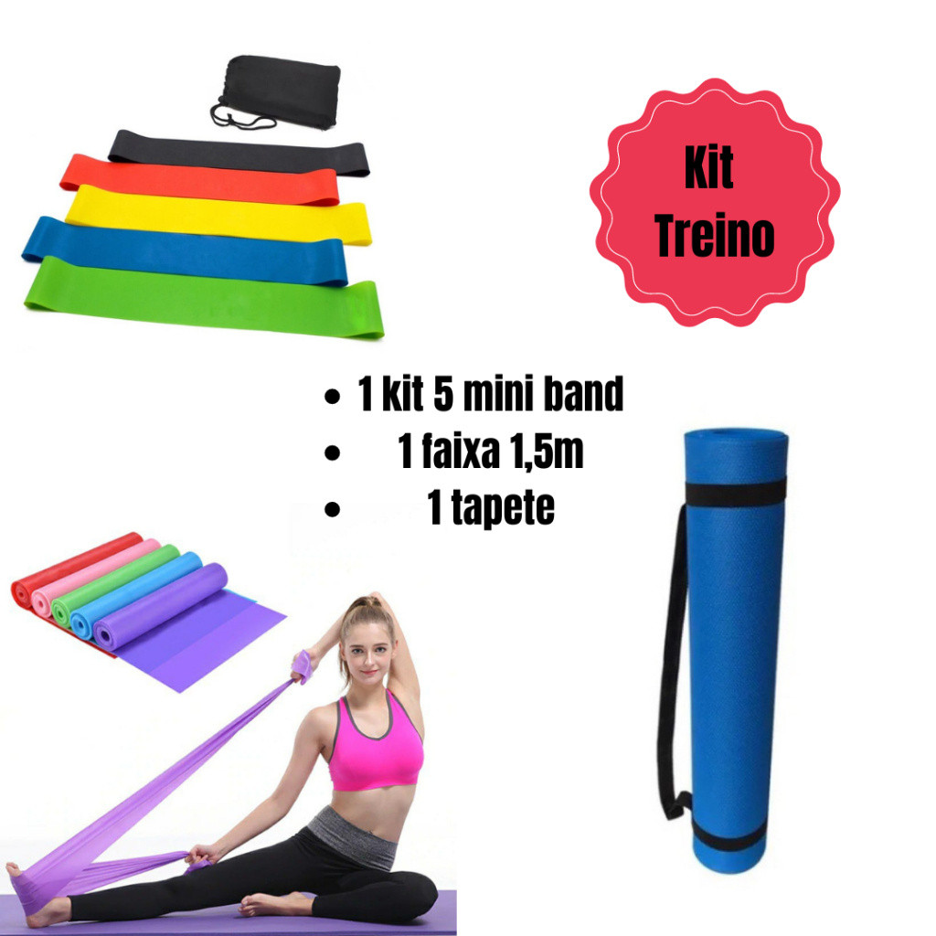 Imagem Kit Treino Completo  5 Faixas Mini Bands Tapete Yoga Pilates E Faixa 1,5m