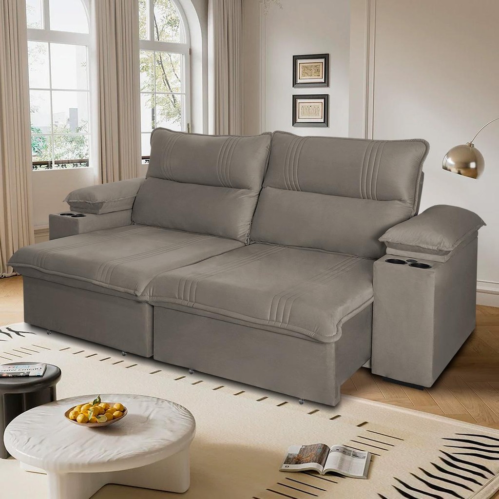 Sofá Retrátil Tesla 2,80m USB e Porta Copo Suede Tabaco em Oferta na Shopee