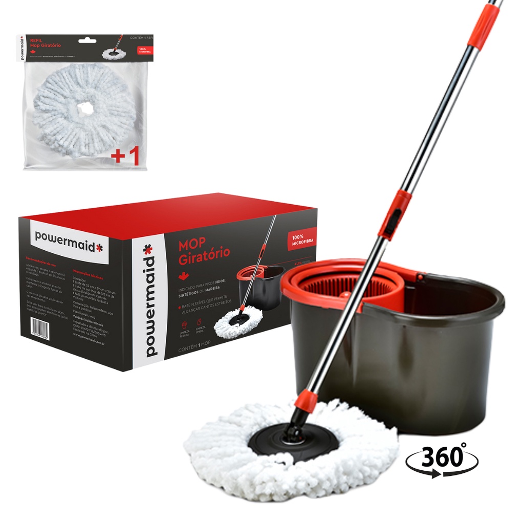 Mop Giratório Inox + Refil Limpeza Balde Esfregão 360 Spin