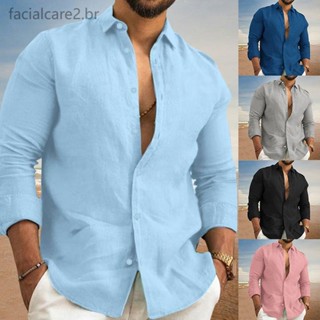 Camisa De Linho Homem Versão Coreana Pólo Branco Manga Longa Cor Sólida Casual Lapela Solta Moda Simples Casal