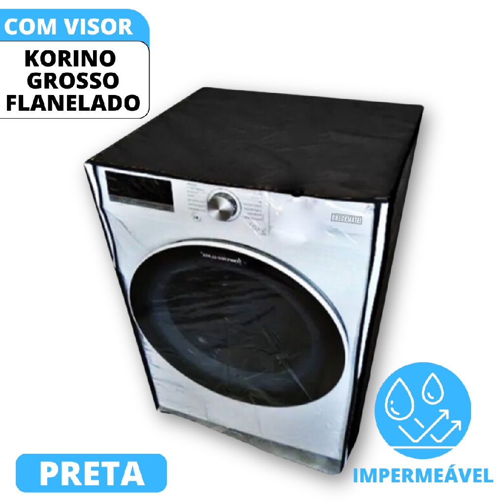 Capa Para Máquina de Lavar Frontal LG Samsung Electrolux 9 kg 10 kg 11 kg Corino e Visor Transparente Cor Preto