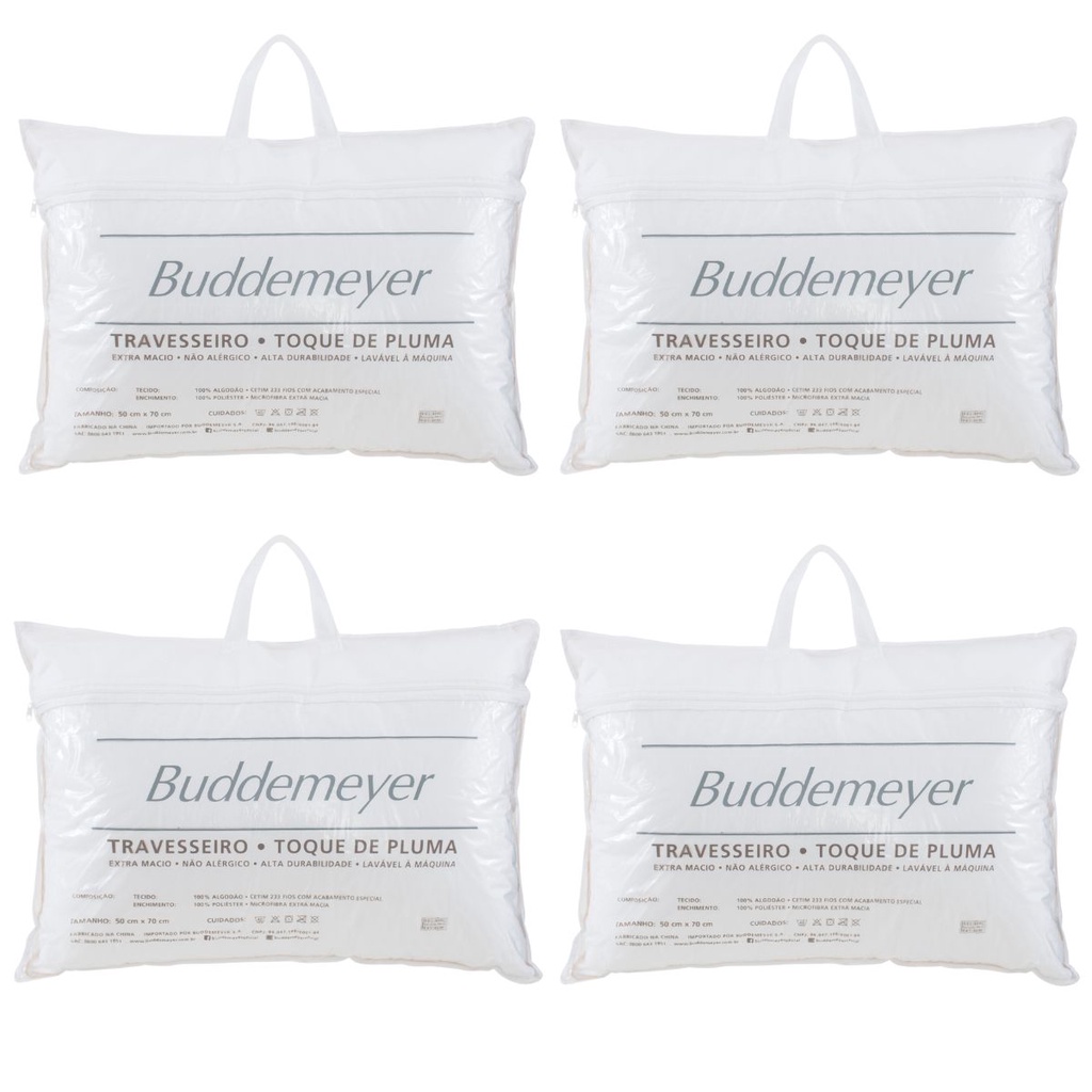 Kit 04 Travesseiros Buddemeyer Toque de Pluma 100% Algodão 233 Fios