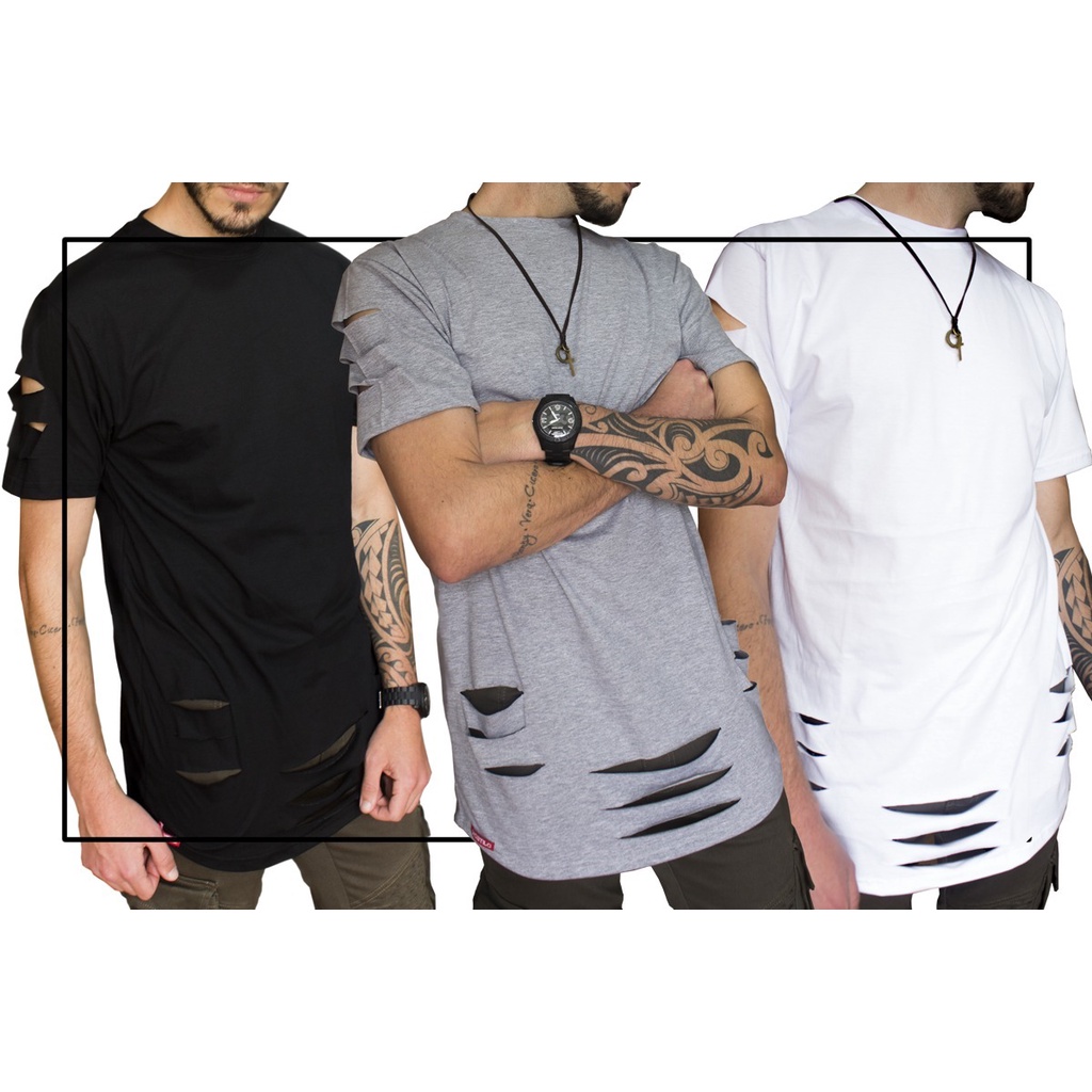 Kit 3 Camiseta Longline Rasgada Destroyed Swag C86