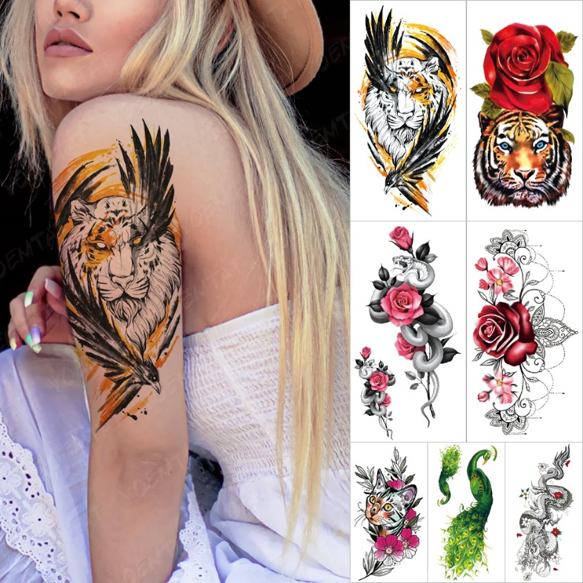 Tatuagem Temporária À Prova D'água Autocolante Eagle Tiger Feather Tatto Arm Rose Snake Flower Body Art Fake Sleeve Tatoo Women Men Personalizar em Oferta na Shopee