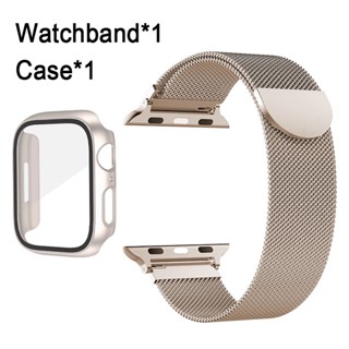 Faixa + Caixa Starlight Milan Metal Strap Para Relógio Apple Série 40mm 44mm 38mm 42mm 41mm 45mm PC Vidro Pulseira De Aço Inoxidável iwatch 9 8 7 6 5 SE 4 3 2