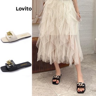 Lovito Rasteirinha Casual Detalhe Metal Trançado Para Mulheres L69AD100 (Branco/Preto)