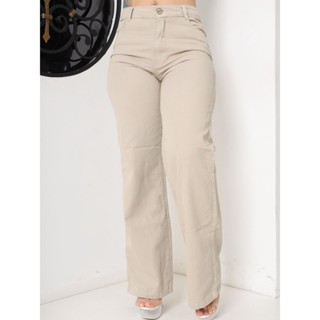 Calça Wide leg feminina jeans bege / Caqui tendência pantalona lançamento