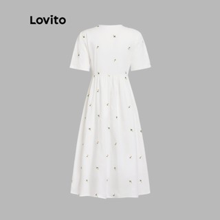 Lovito Cute Floral Button Front Babado Algodão Bordado Girassol Vestido Decote Redondo Para Mulheres L47AD080 (Branco)