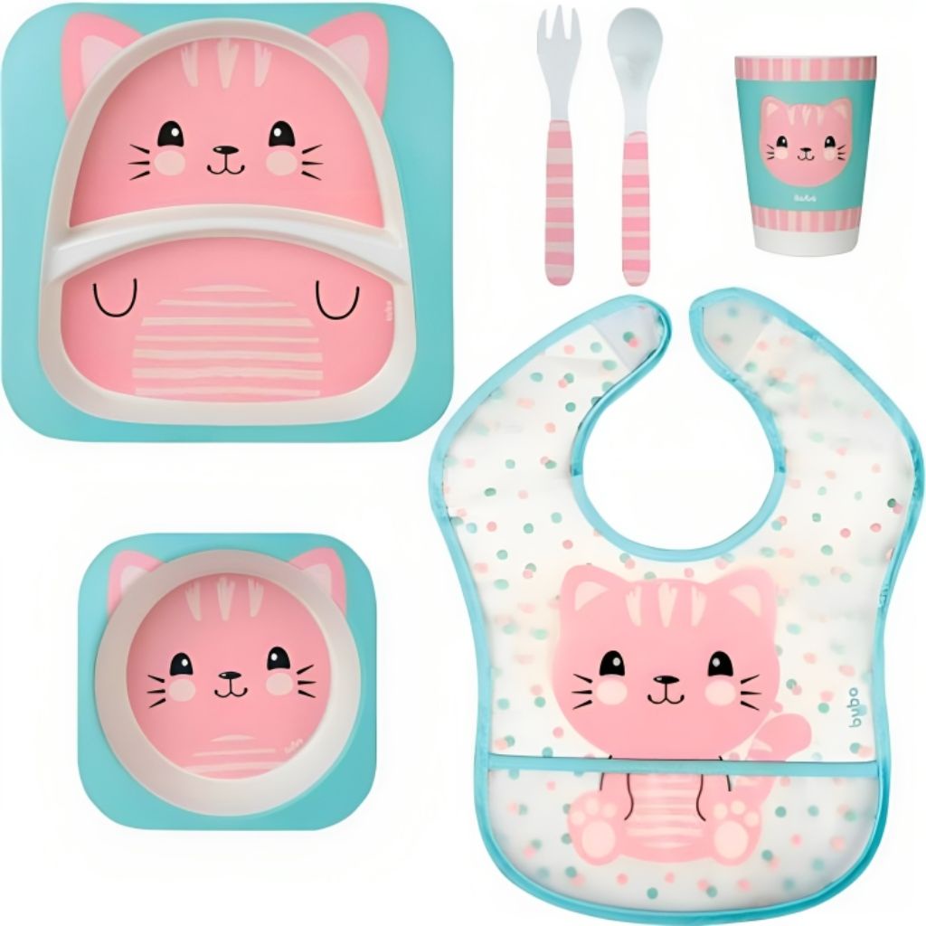 Kit Refeição Feito Em Bambu Mais Babador Com Bolso Gatinho - Buba - Mom & Baby