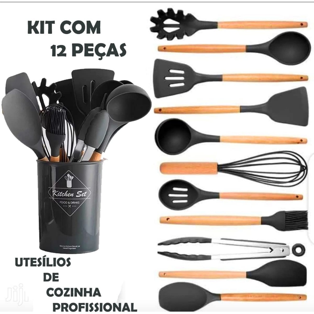 KIT de Utensílios Para Cozinha em Silicone e Bambu 12 Peças em Oferta na Shopee