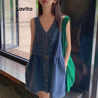 Lovito Casual Vestido Jeans A-Line com Botões Simples para Mulheres LNE21116 (Azul)
