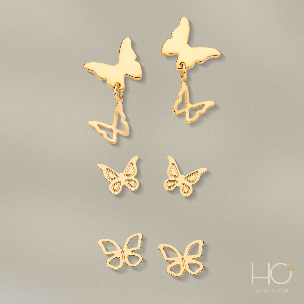 Kit Brincos Rommanel 1º 2º e 3º Furo Borboletas Banhado a Ouro 18k - 527367 527183 Original