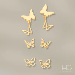 Kit Brincos Rommanel 1º 2º e 3º Furo Borboletas Banhado a Ouro 18k - 527367 527183 Original