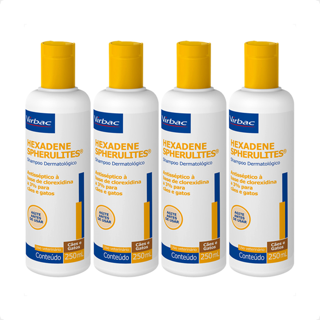 Kit 4 Shampoo 250ml Dermatológico Virbac Hexadene Spherulites para Cães e Gatos