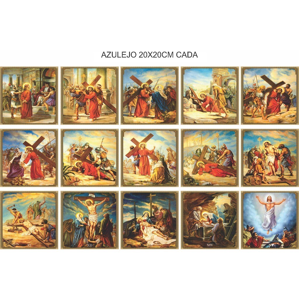 Kit Quadros Via Sacra 15 Estações Em Azulejo 20x20cm cada decoração presente católico religioso