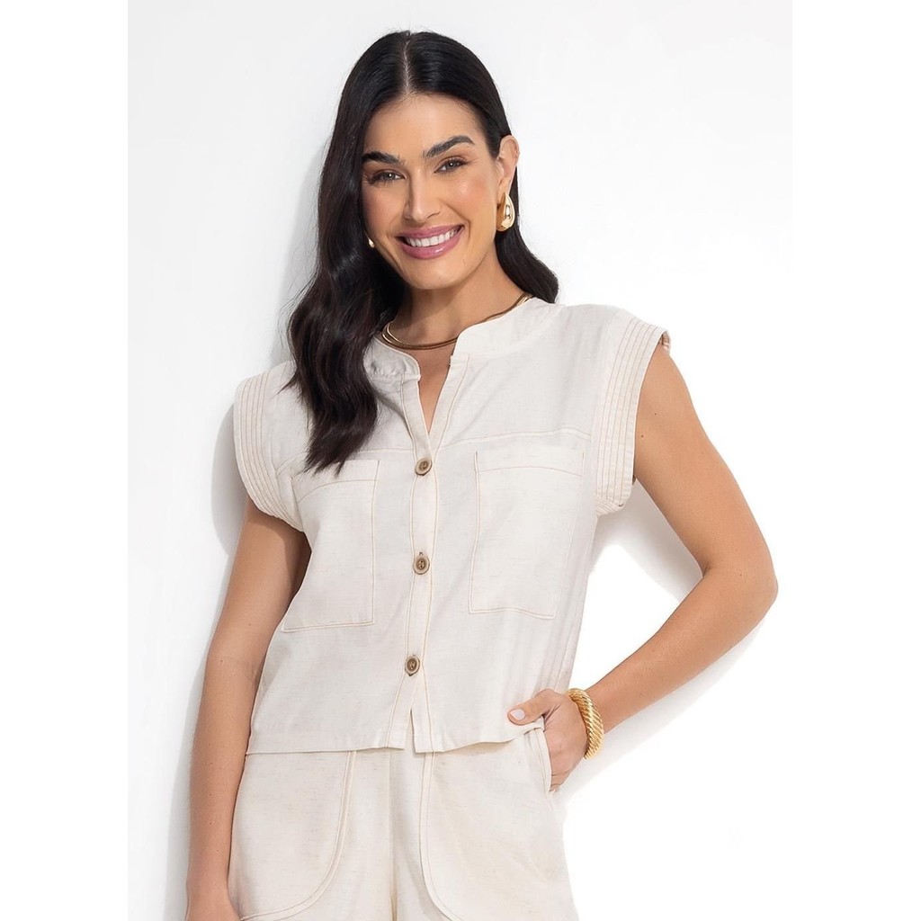 Blusa Em Linho Bege Quintess em Oferta na Shopee