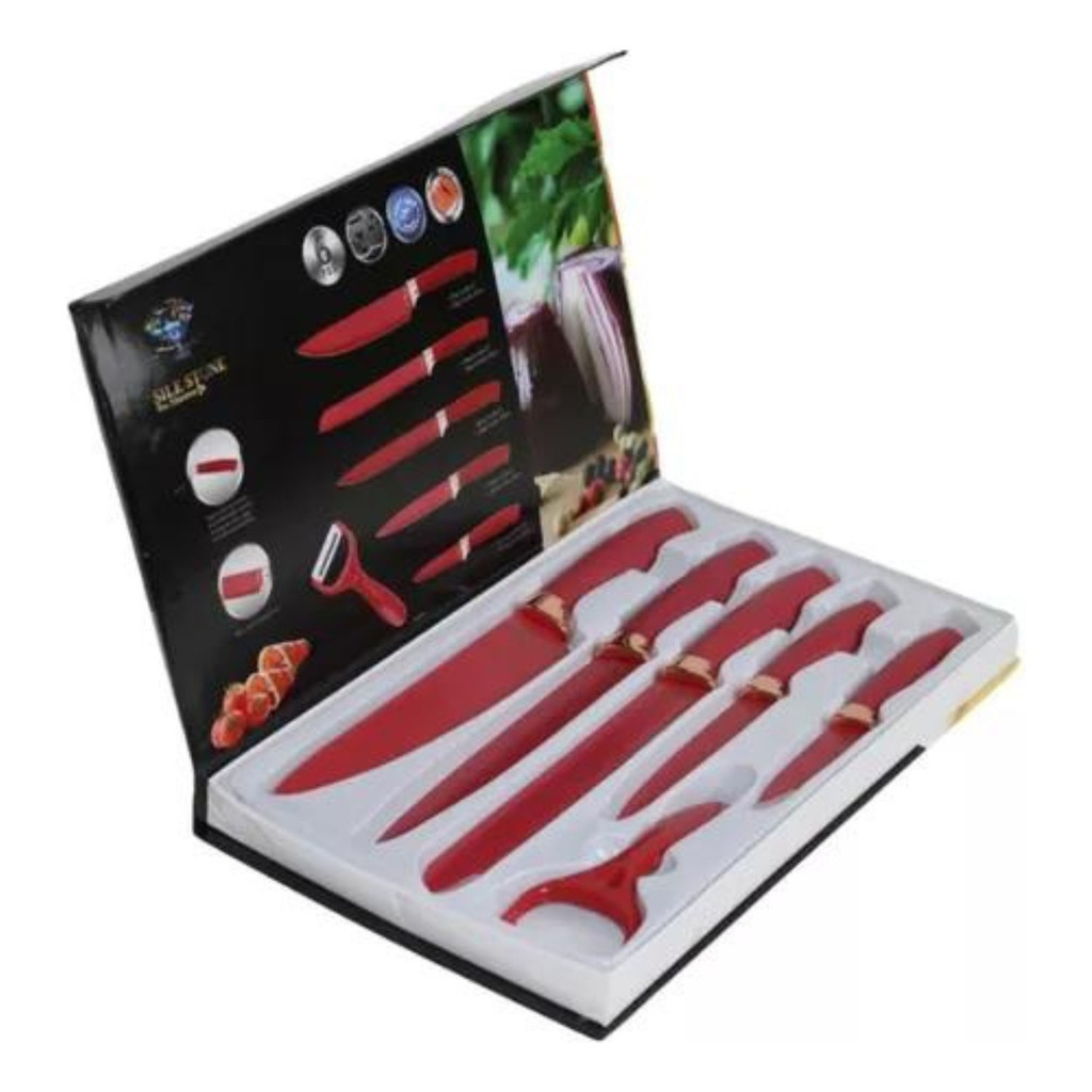 Kit de Facas 6 Peças Sile Stone Vermelha – Elegância e Precisão na Sua Cozinha - Cortes Profissionais de luxo. em Oferta na Shopee
