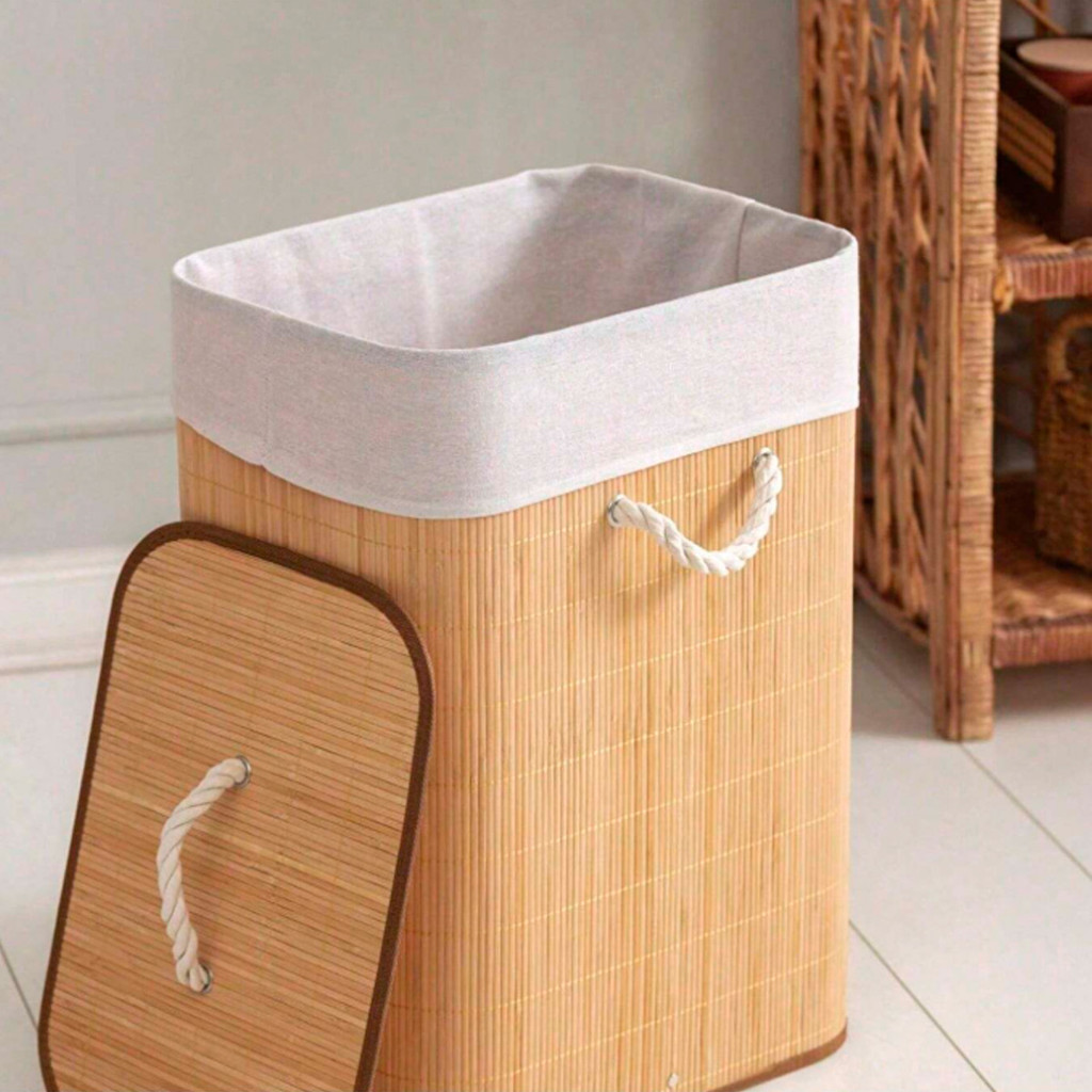 Cesto Organizador de Bambu com Tampa Dobrável Multiuso Roupeiro 57cm