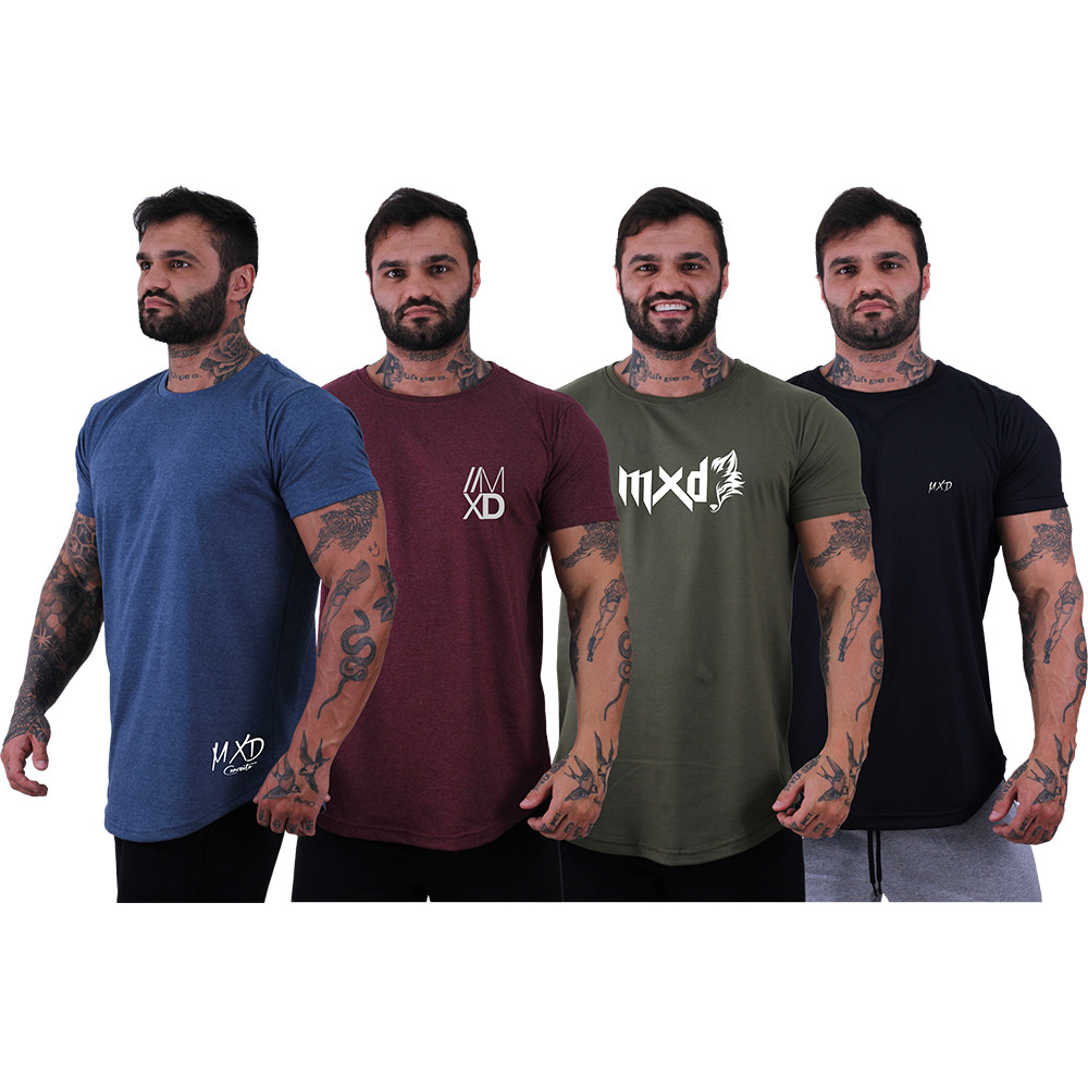 Kit 4 Camisetas Longline Masculina Básico Logos Diversas MXD Conceito Casual Minimalista Lazer Slim